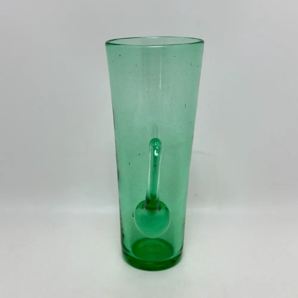 Vintage Blenko Art Glass Sea Green Chimney Highball Tumbler with Handle